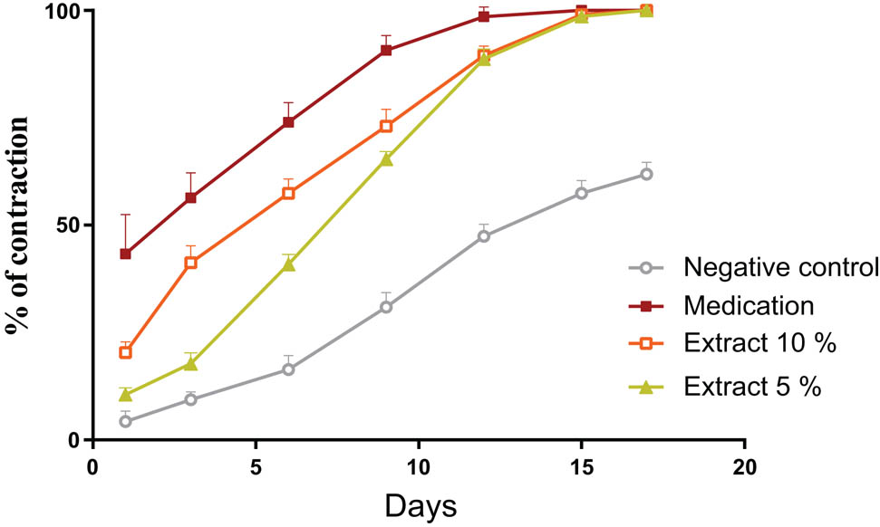 Figure 9 Evolution of the average percentage of animal burns: medication, extract 10%, extract 5%, and negative control.