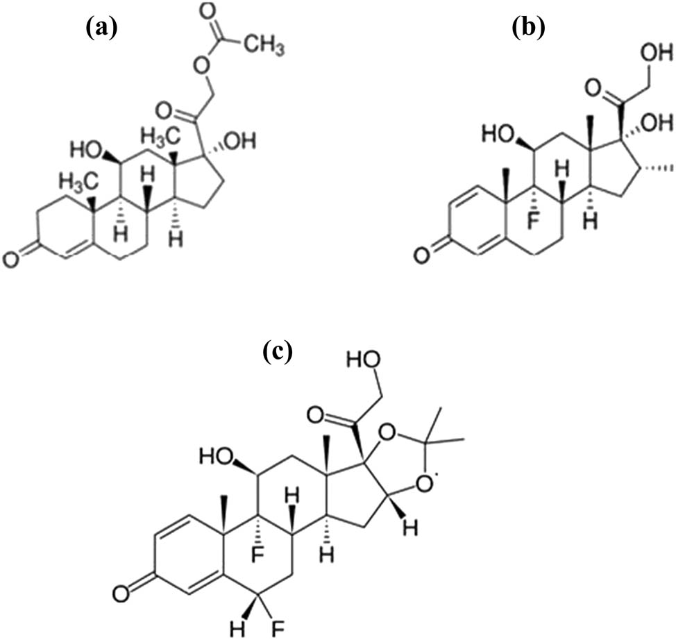 Figure 1 Chemical structure of (a) HCA, (b) DEX, and (c) FCA.