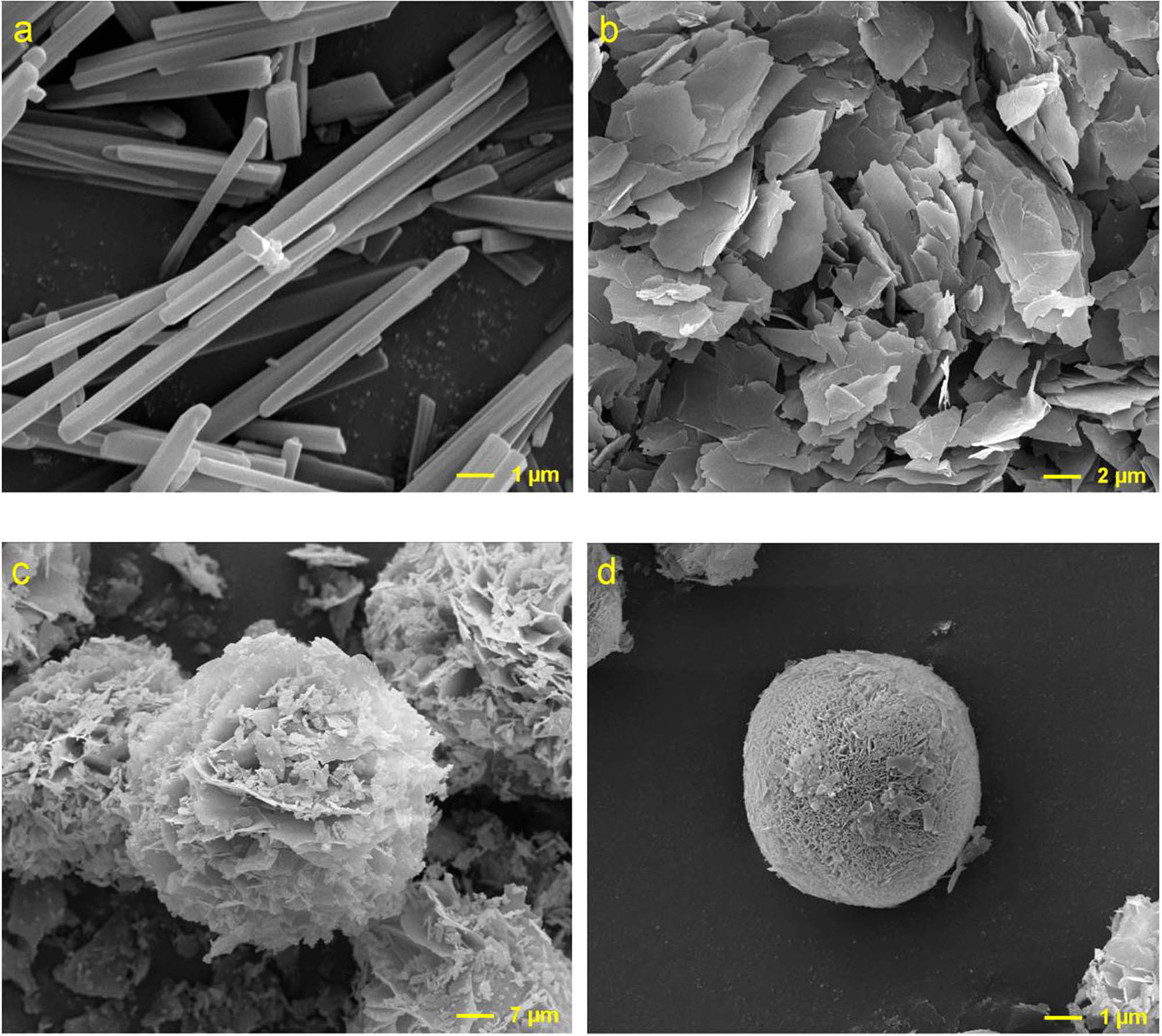 Figure 1 Typical SEM images for the magnesium carbonate hydrate particles during the talc carbonation: (a) needle-like, (b) sheet-like, (c) rose-like, (d) nest-like.