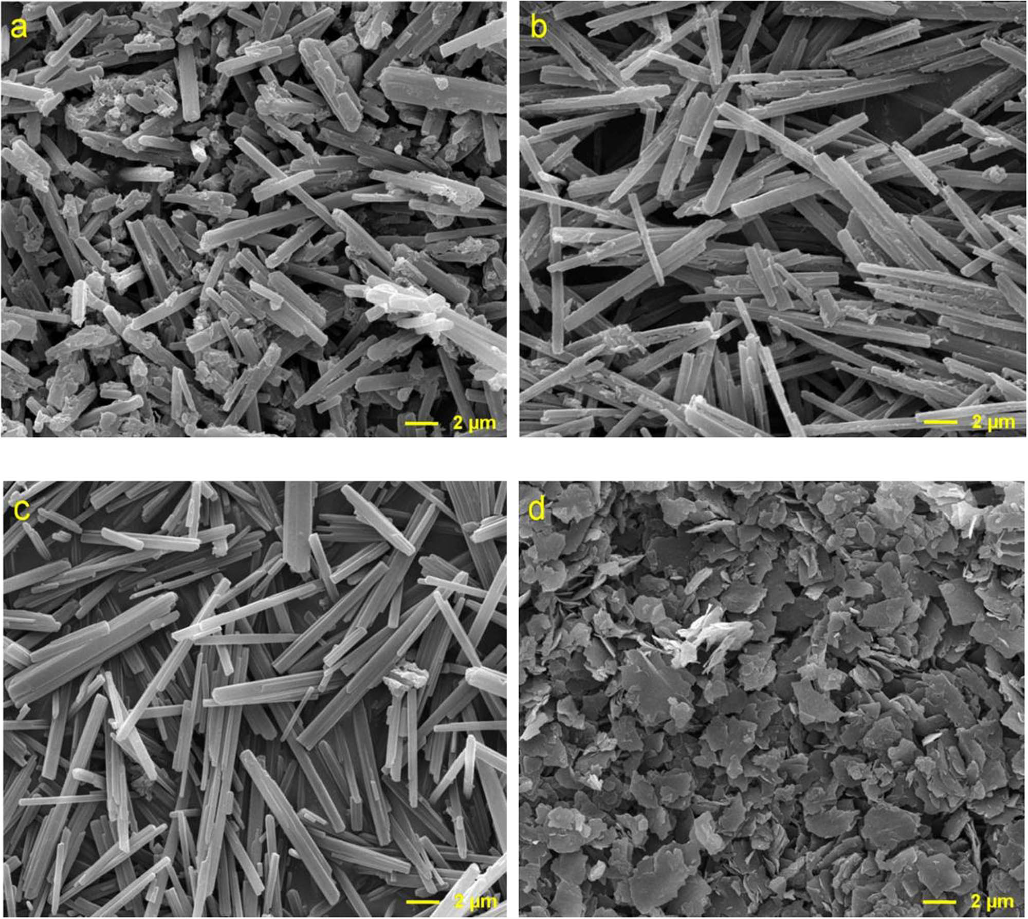 Figure 2 SEM images for the carbonation products with different carbonation temperatures: (a) 40°C, (b) 50°C, (c) 60°C, and (d) 80°C.