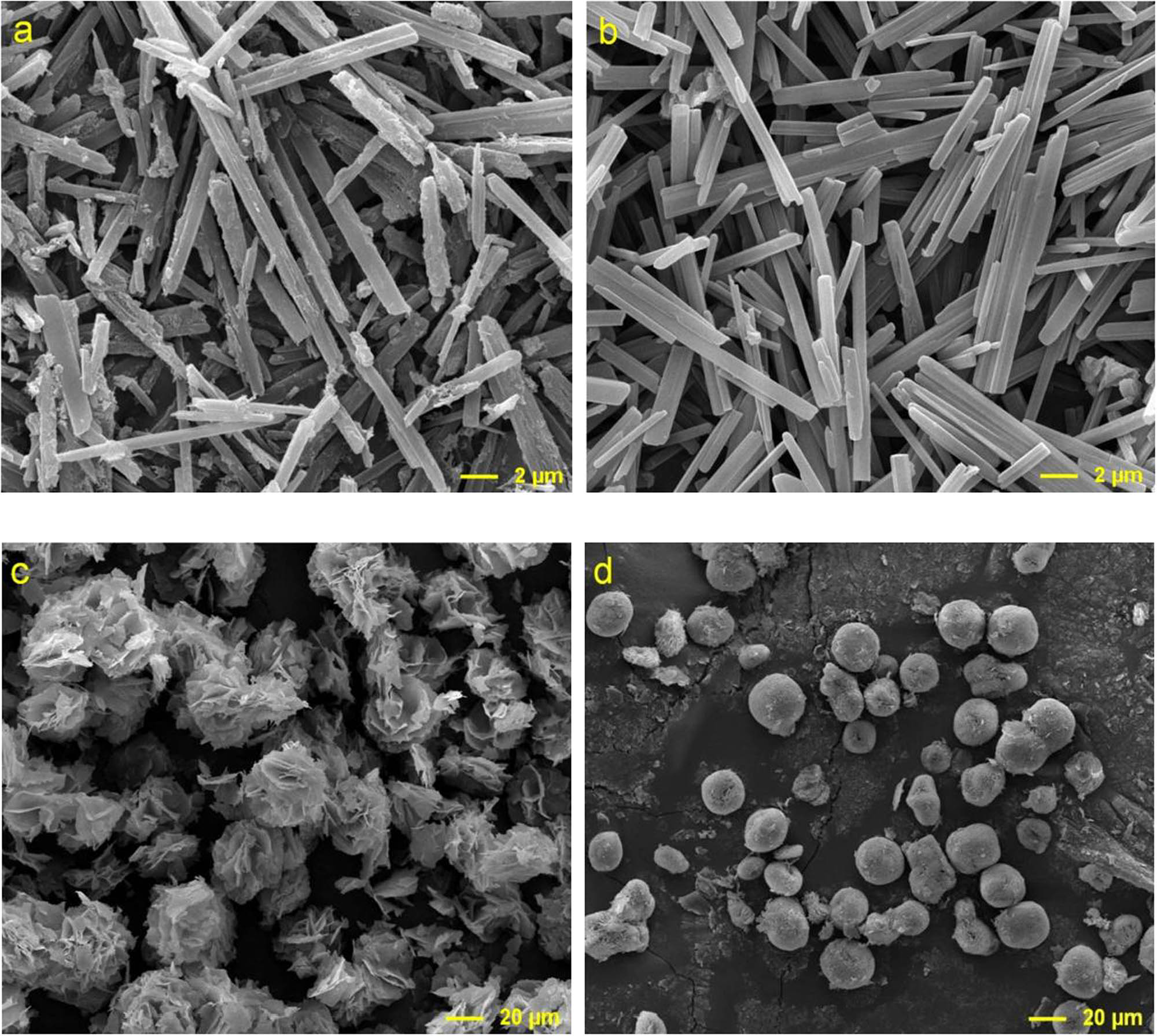 Figure 3 SEM images for the carbonation products with different aging temperatures: (a) 60°C, (b) 70°C, (c) 80°C, and (d) 100°C.