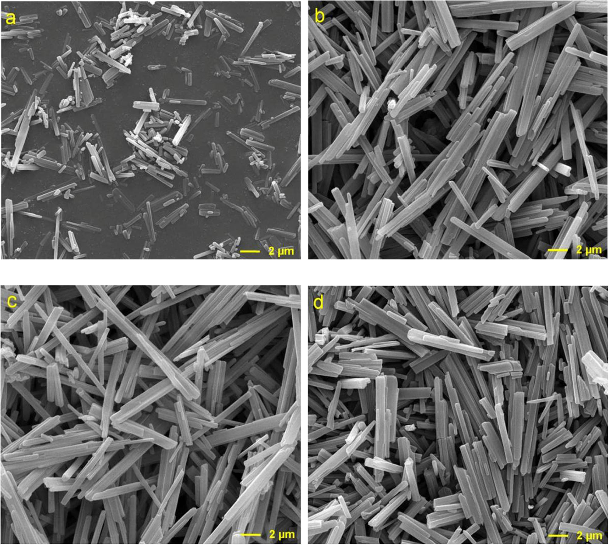 Figure 4 SEM images for the carbonation products from different carbonation times: (a) 30 min, (b) 60 min, (c) 90 min, and (d) 120 min.