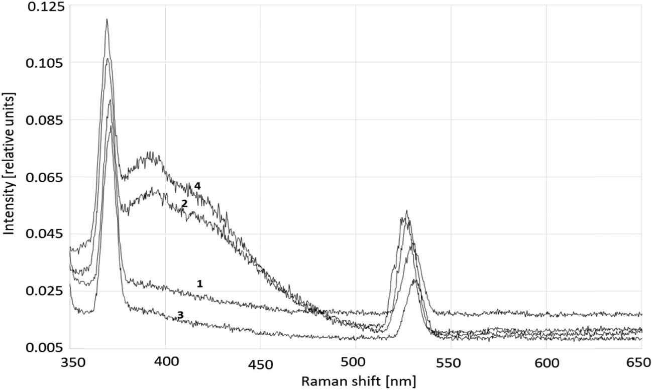 Figure 1 Raman spectra of deionized ammonia-free (1) and ammonia-containing water (3) prior to the GP treatment and these samples after such treatment, (2) and (4), respectively.