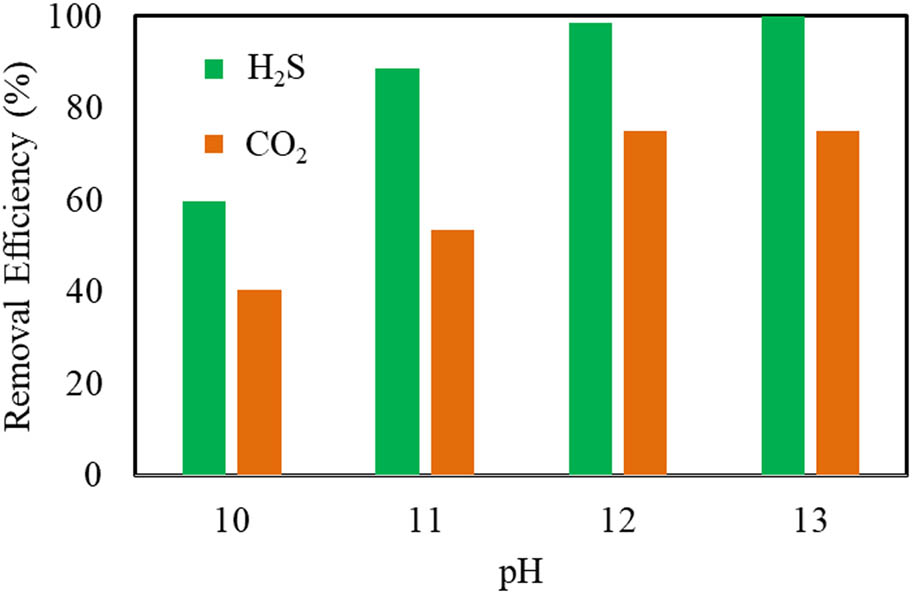 Figure 3
Effect of pH on the removal efficiency of H2S and CO2.