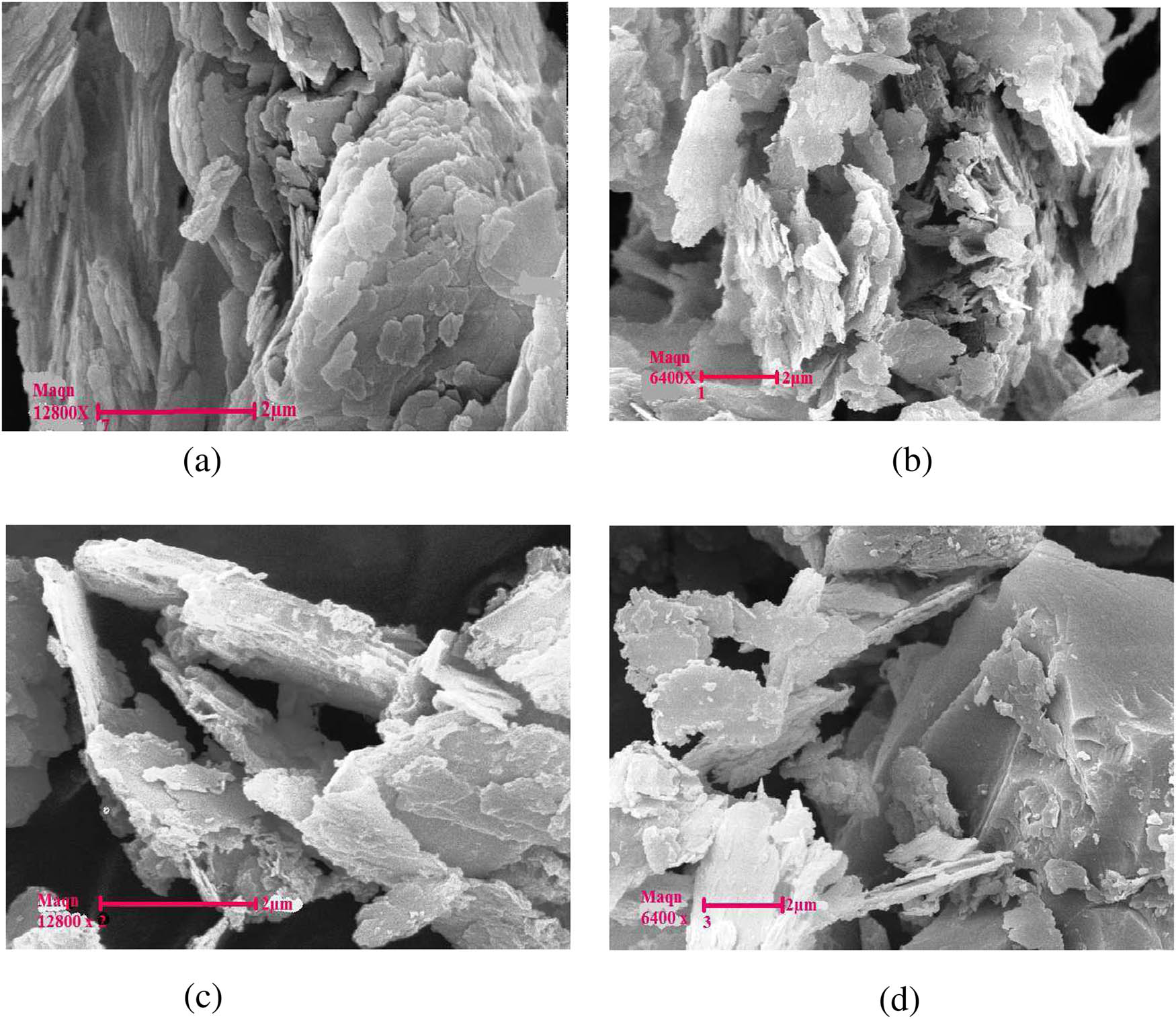 Figure 3
SEM images of ATMa clay (a), GM1 (b), GM2 (c), GM3 (d).