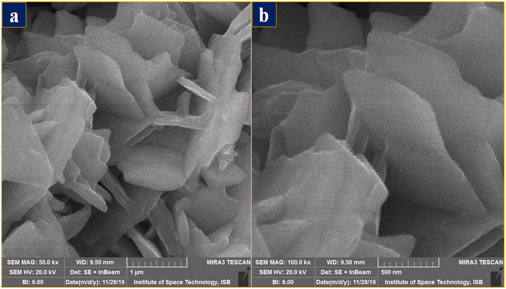 Figure 2
FESEM (a) low- and (b) high-resolution images of CuO nanostructures.