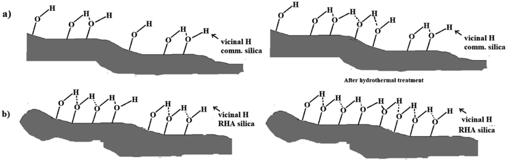 Figure 6
Models showing the differences in acidities of the vicinal hydrogen from the hydrothermally treated samples. (a) Commercial silica and (b) RH silica.
