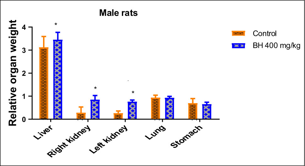 Figure 8
Effect of B. hispanica extract on the relative weight of organs (kidney, liver, stomach, and lungs) of the treated male rats under subchronic toxicity conditions.