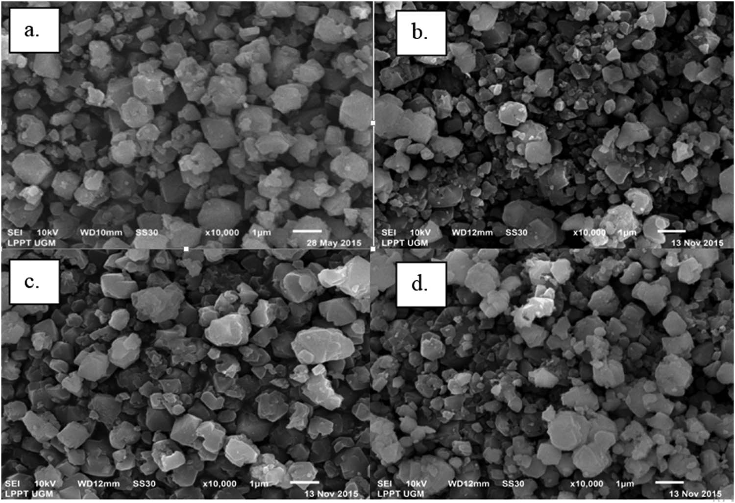 Figure 5
Morphology of (a) USY; catalyst after reduction process that produces by (b) co impregnation methods (Ar); sequential impregnation methods where (c) cobalt was impregnated firstly followed by Molybdenum precursor (Br), and vice versa (d) molybdenum was impregnated first followed by cobalt precursor.