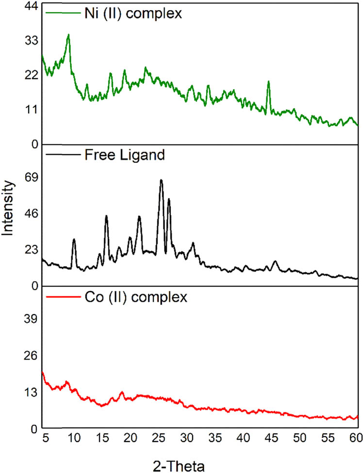 Figure 7
PXRD pattern of the free ligand, Co(ii) and Ni(ii) complexes.