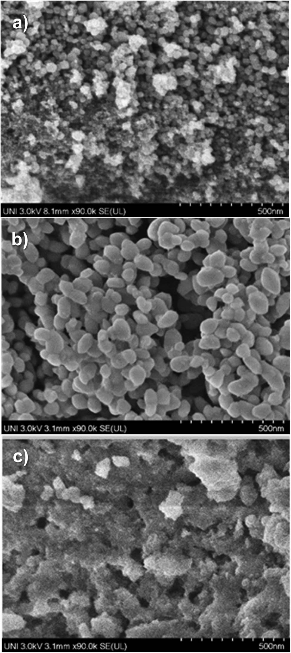Figure 1
SEM images for the three iron oxides: (a) magnetite, (b) hematite, and (c) a-FeOOH.