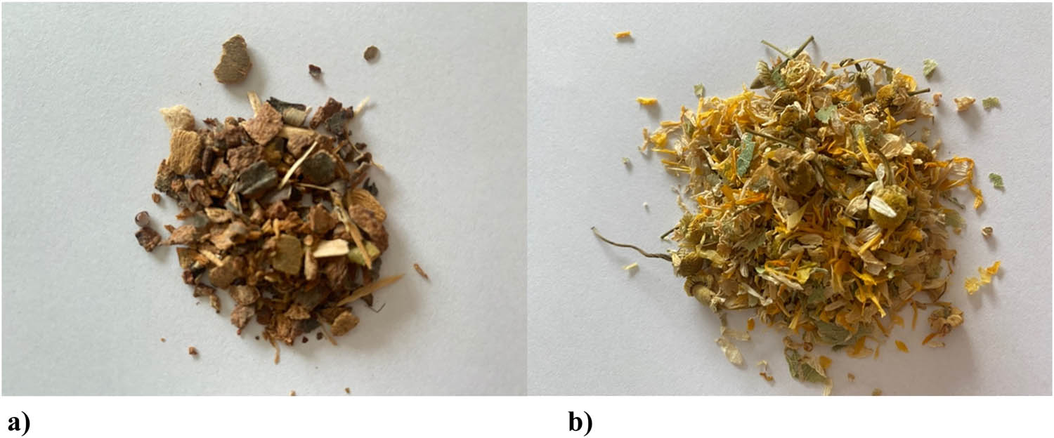 Figure 1
(a) bird cherry bark (b) base mix (Matricaria chamomilla L. + Tilia cordata Mill. + Calendula officinalis L.