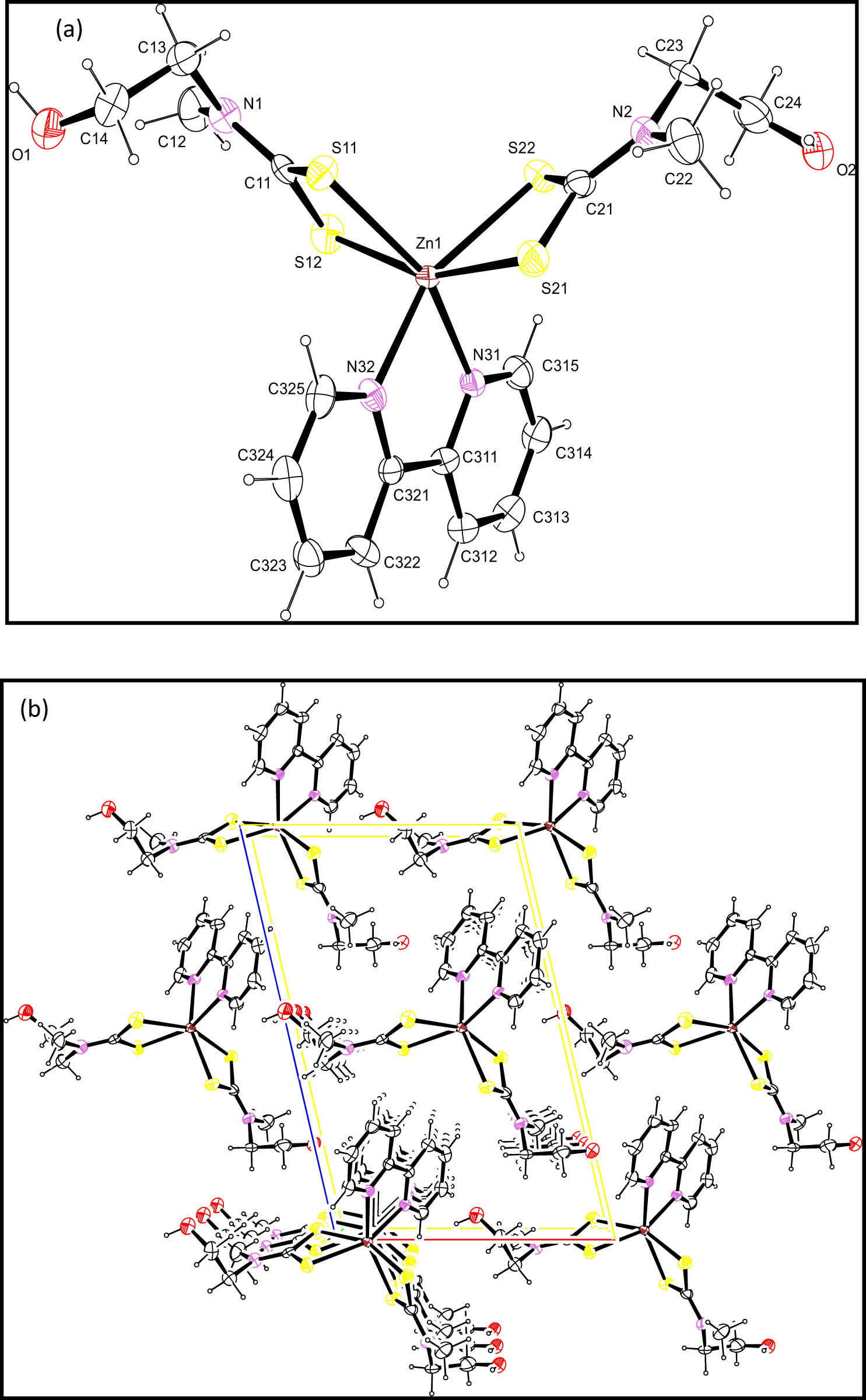 Figure 2
(a) The molecular structure and (b) packing diagram viewed normal to (010) of (2) with displacement ellipsoids drawn to 50% probability level.