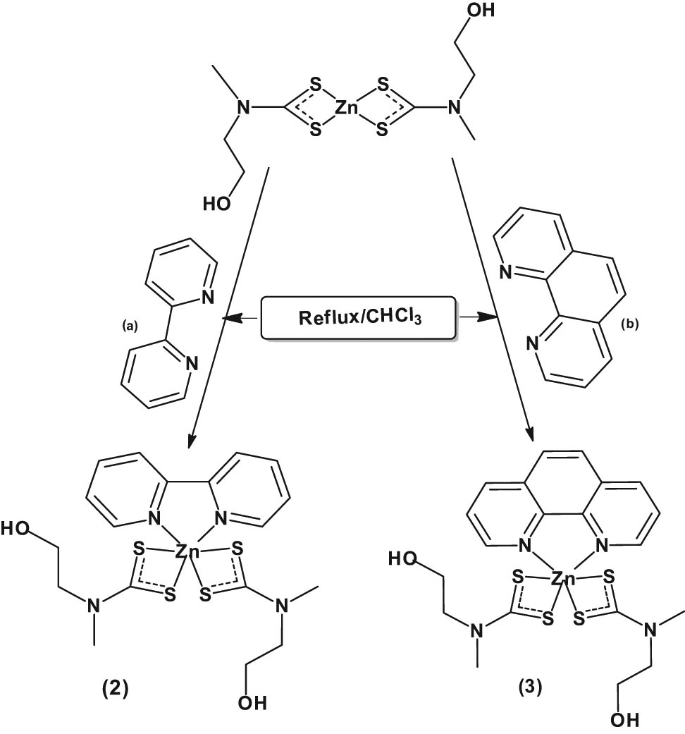 Scheme 2
Synthesis of (a) Zn(ii) (2,2′-bipyridyl) bis(N-methyl-N-ethanoldithiocarbamate) (2) and (b) Zn(ii) (1,10-phenanthroline) bis(N-methyl-N-ethanoldithiocarbamate) (3).