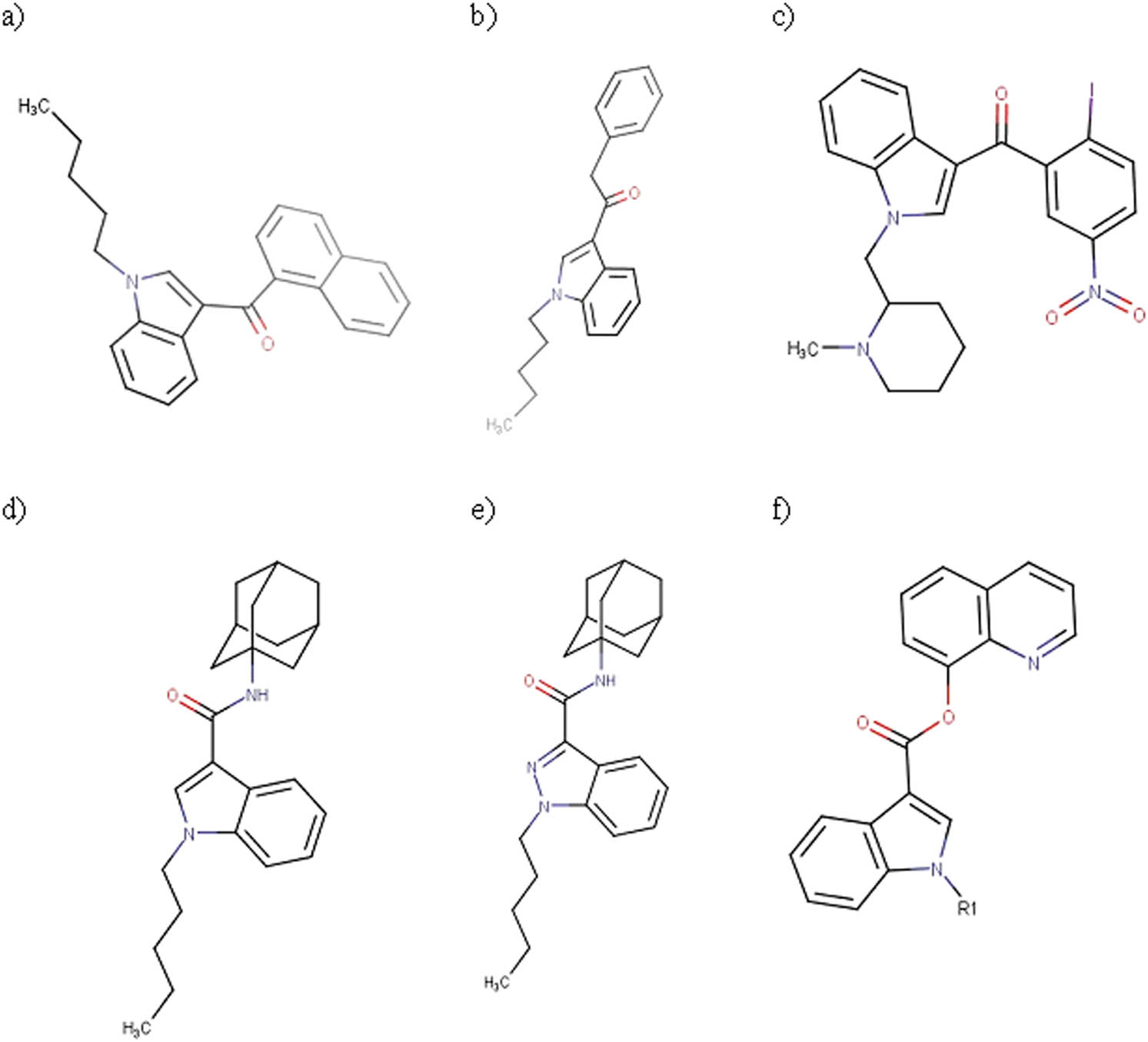 Figure 2
Sample structures for synthetic cannabinoids: (a) JWH-018, a simple naphthoylindole; (b) JWH-167, a simple phenylacetylindole; (c) AM-1241, a chemical from benzoylindole family; (d) APICA (2NE1, SDB-001), a drug from adamantylindole group; (e) APINACA (AKB48), a drug from adamantylindazoles family; (f) general structure for quinolinylindole.
