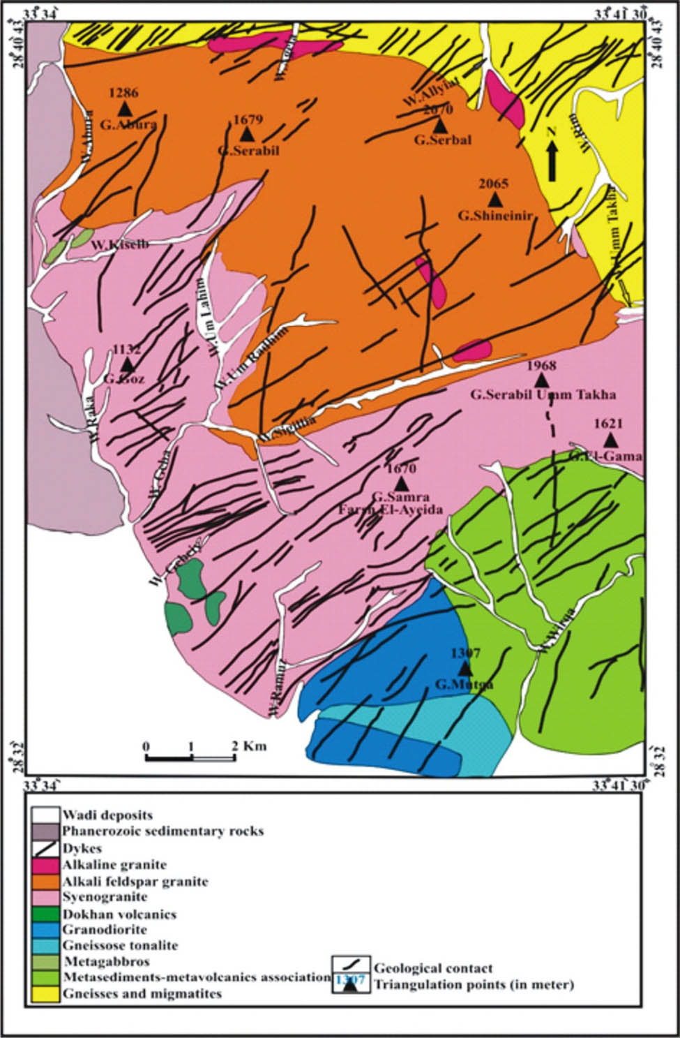 Figure 1 
               Distribution map of dikes traversing the rock varieties in the G. Serbal area, Southwestern Sinai, Egypt (Kamar [19]).
            