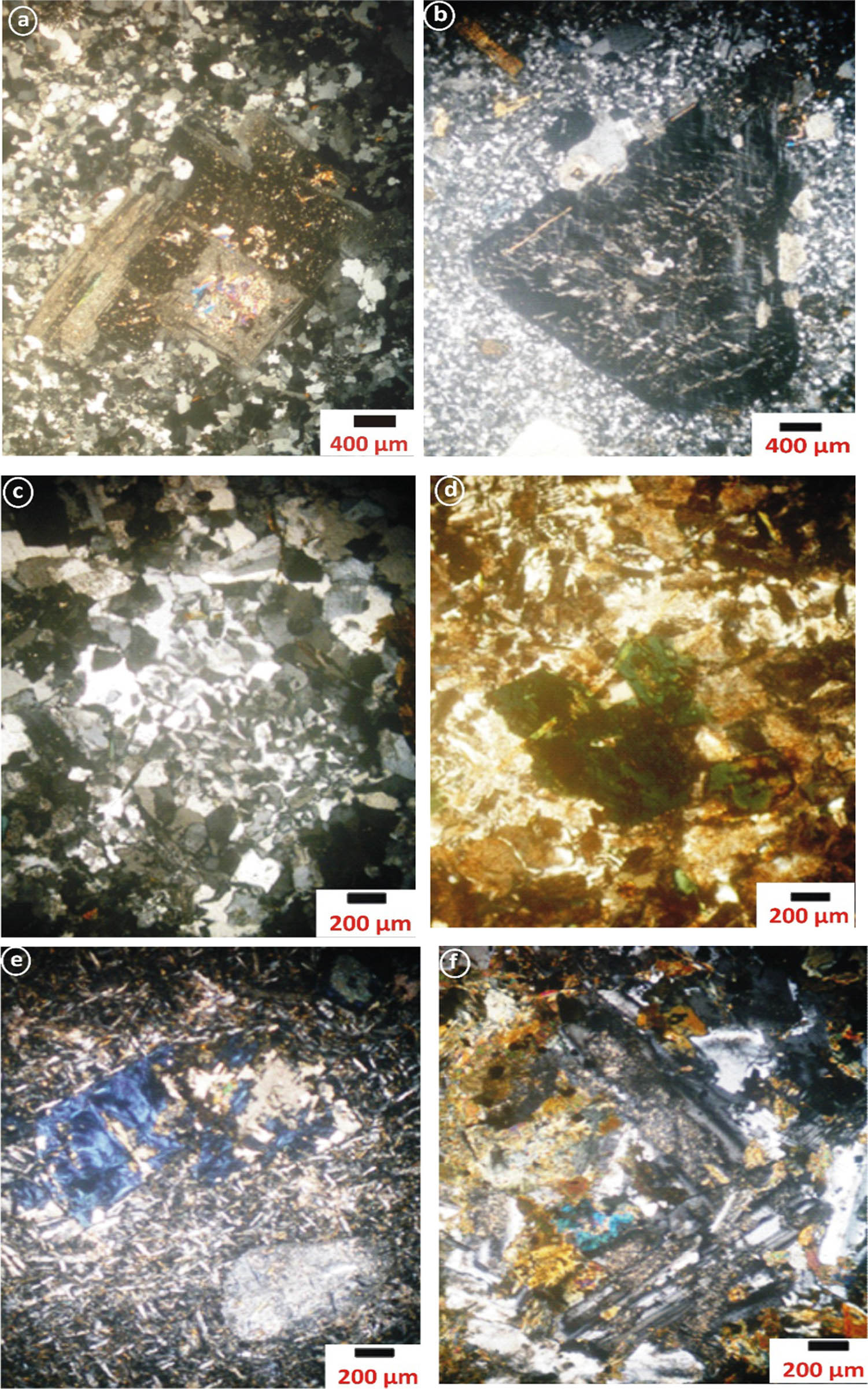 Figure 3
Photomicrographs of (a) porphyritic dacite dike showing pericline twinning in the phenocryst of plagioclase (C.N.); (b) microgranite dike showing phenocryst of microcline micro perthite (C.N.); (c) granophyre dike showing graphic texture (C.N.); (d) alkaline granophyre dike showing riebeckite crystals (C.N.); (e) basaltic dike showing blue pennite type of chlorite and fine-grained lathes plagioclase (C.N.); (f) dolerite dike showing characteristic dolerite and intergranular texture (C.N.).