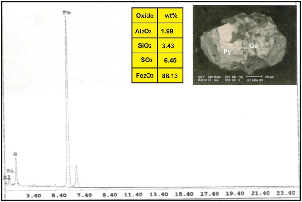 Figure 19
ESEM-EDX analysis of pyrite (Py) replaced by goethite (Go) in dolerite dike at Wadi Geba.