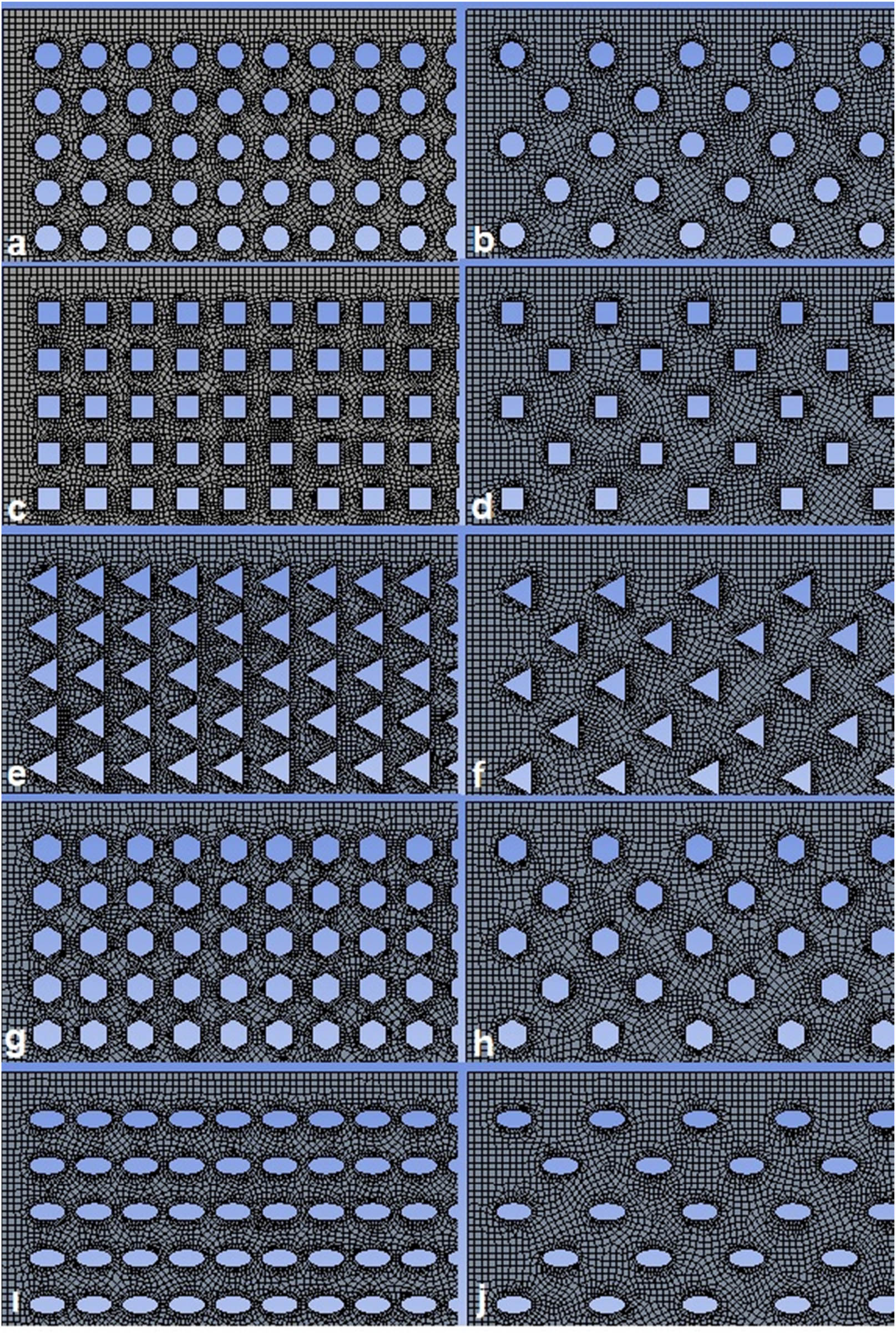 Figure 1
Finite element models of perforated sheet metals (a) circle (linear), (b) circle (staggered), (c) square (linear), (d) square (staggered), (e) triangle (linear), (f) triangle (staggered), (g) hexagon (linear), (h) hexagon (staggered), (i) ellipse (linear), and (j) ellipse (staggered).