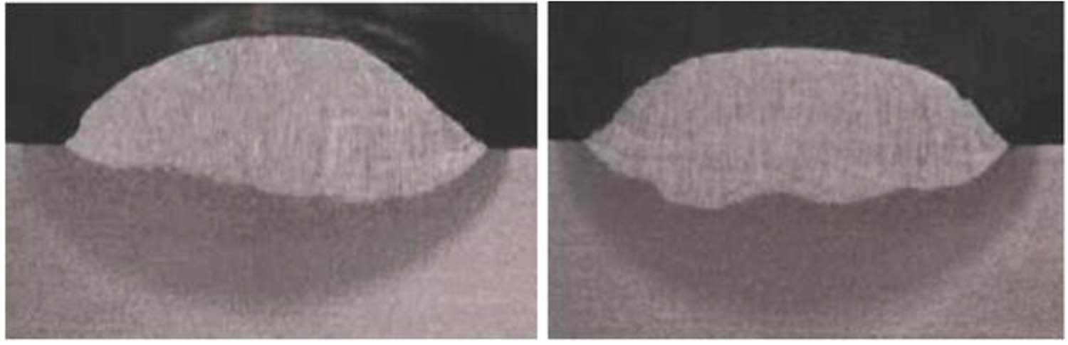 Figure 4
The welds’ microstructures were produced with 70o torch angle shown in the picture on the left and 110o torch angle shown in the picture on the right.