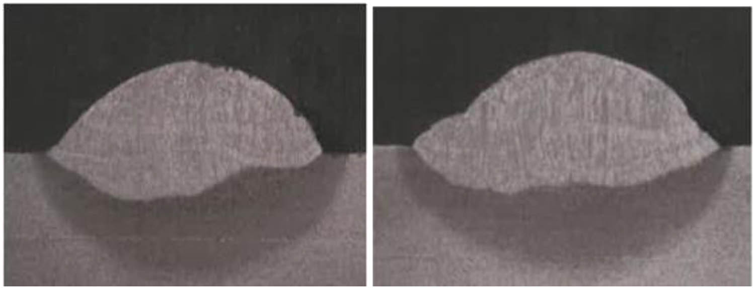 Figure 6
The welds’ microstructures were produced by 9 L/min gas flow rate shown in the picture on the left and 18 L/min gas flow rate shown in the picture on the right.