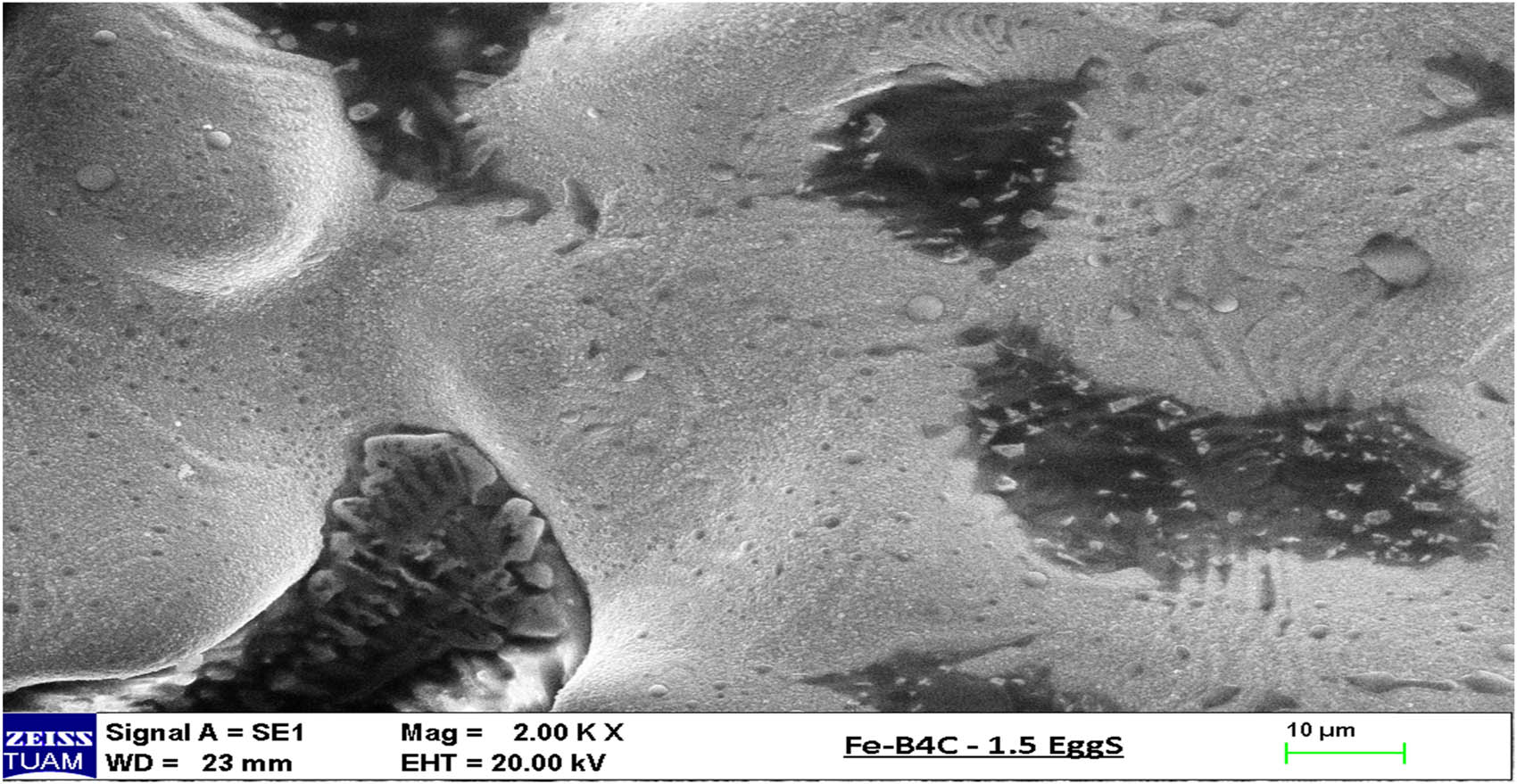 Figure 6
SEM picture of 93.33% Fe–1.66% B4C–5% egg shelter.