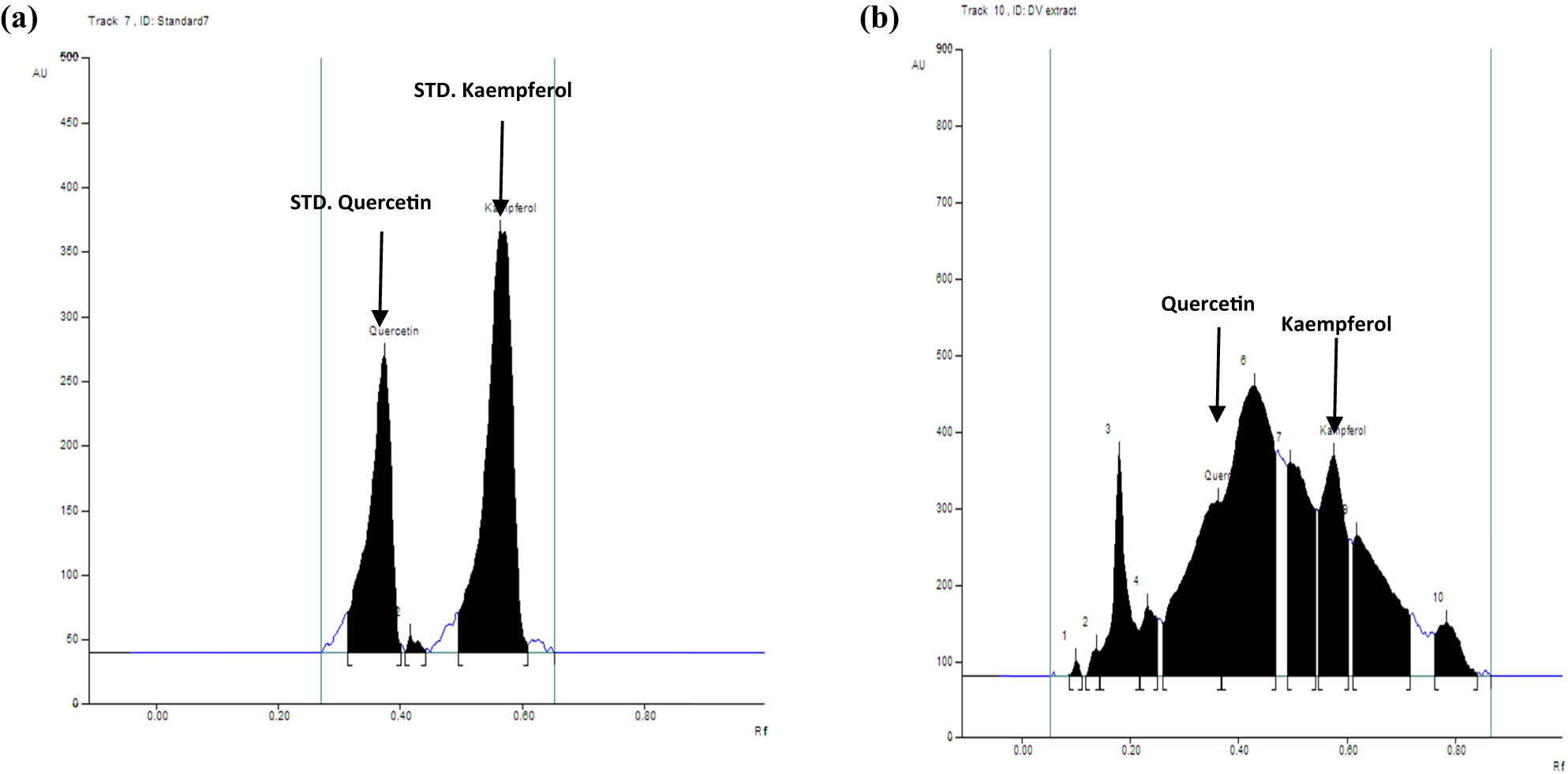 Figure 5 
                  (a) Chromatogram of standards quercetin (Rf = 0.38), kaempferol (Rf = 0.58) (mobile phase: toluene: ethyl acetate: formic acid [5:4:0.2; v/v/v] at 254 nm); (b) chromatogram of estimation quercetin and kaempferol in D. viscosa extract.
               
