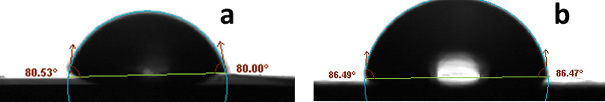 Figure 6 
                  Hydrophobicity evaluation of ROHA (a) and ROHA/SNP nanocomposite (b) by contact angle measurements.
               