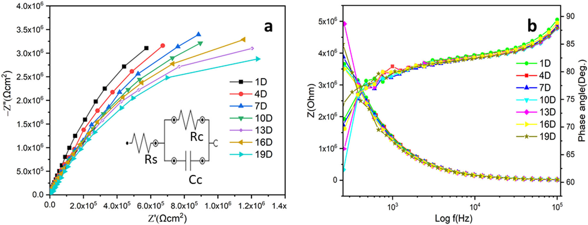 Figure 8 
                        EIS (a) and Bodetheta (b) spectra of ROHA coating.
                     
