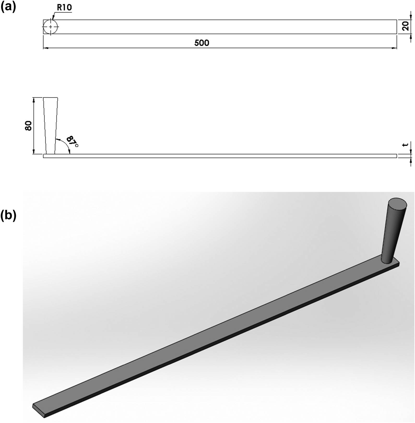 Figure 1 
                  (a) Fluidity test model measurement and (b) solid model image used in fluidity modeling.
               