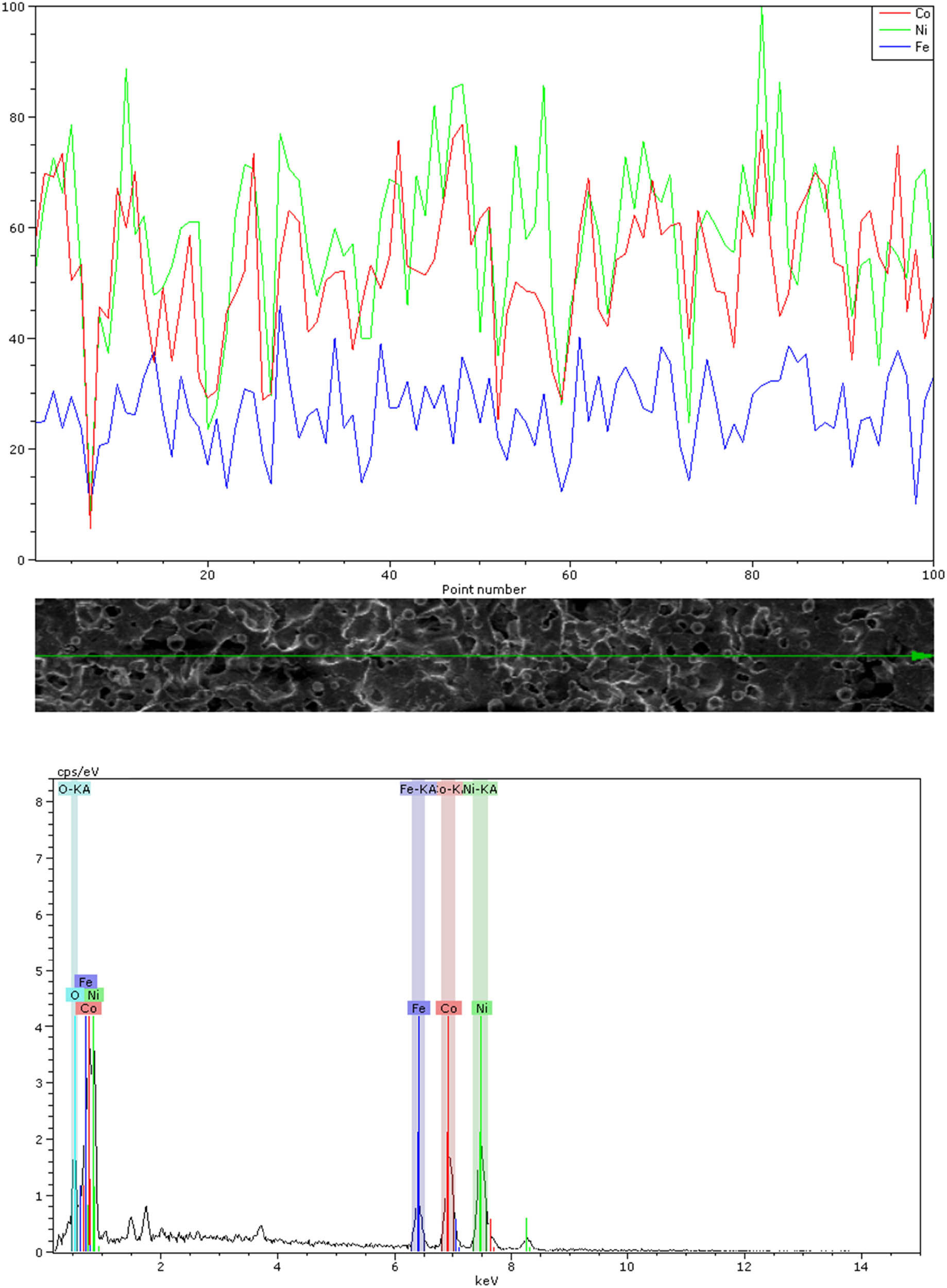 Figure 11
EDX-Analysis of the (Fe–20% Co) 60% Ni specimen at 1,100°C.