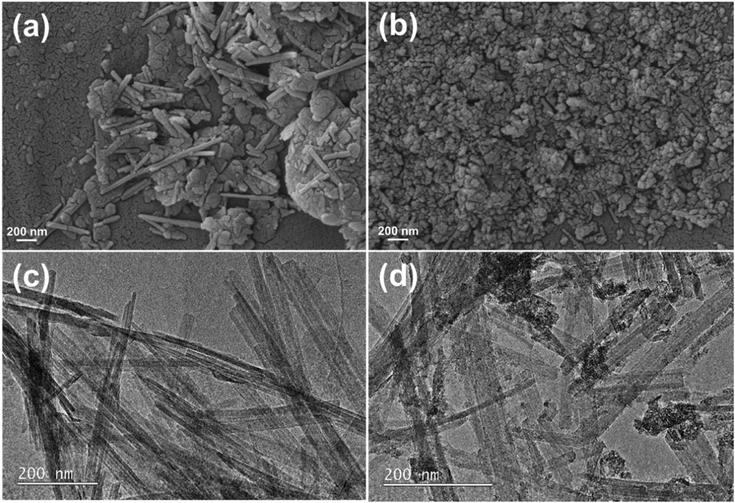 Figure 2
The SEM images of (a) ATP and (b) Zr@ATP; and the TEM images of (c) ATP and (d) Zr@ATP.