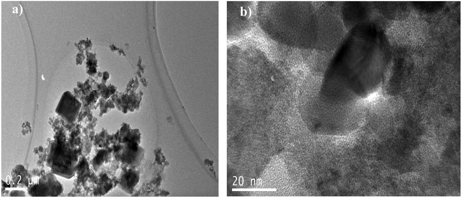 Figure 7
TEM image of NiMoO4/activated carbon at different sizes: (a) 0.2 µm and (b) 20 nm.