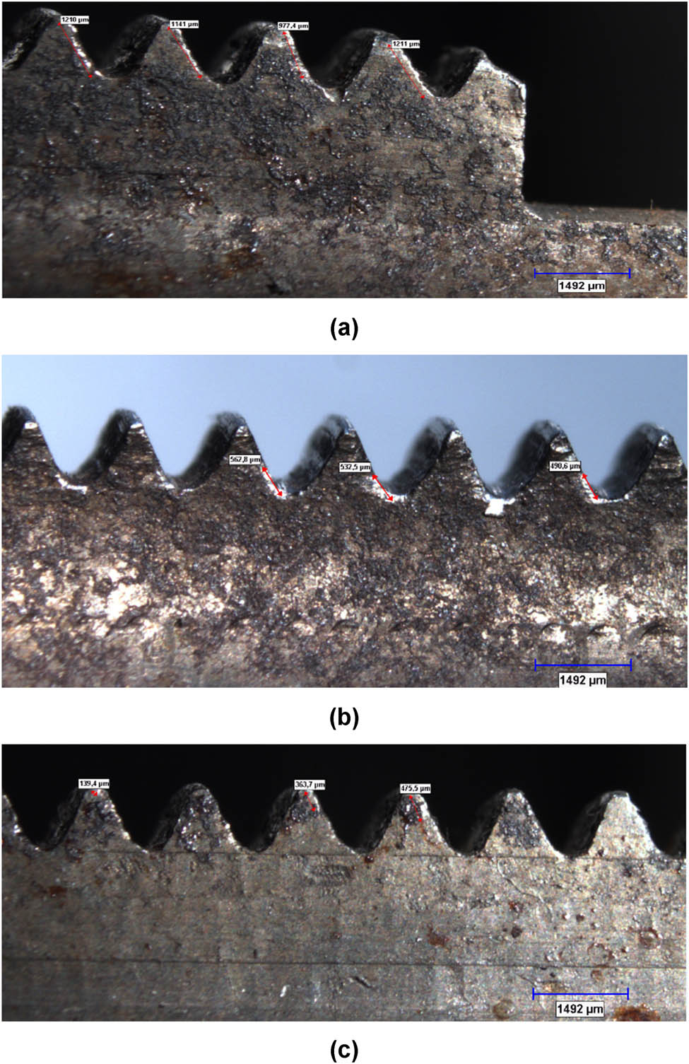 Figure 9 
                  (a, b, c) Wear images of the samples produced by powder metallurgy.
               