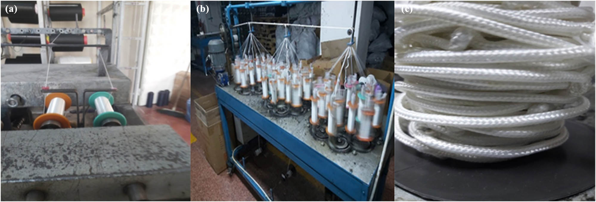 Figure 2 
                     (a) Yarn preparation for braiding, (b) braiding production process, and (c) 3-D braiding yarn product.