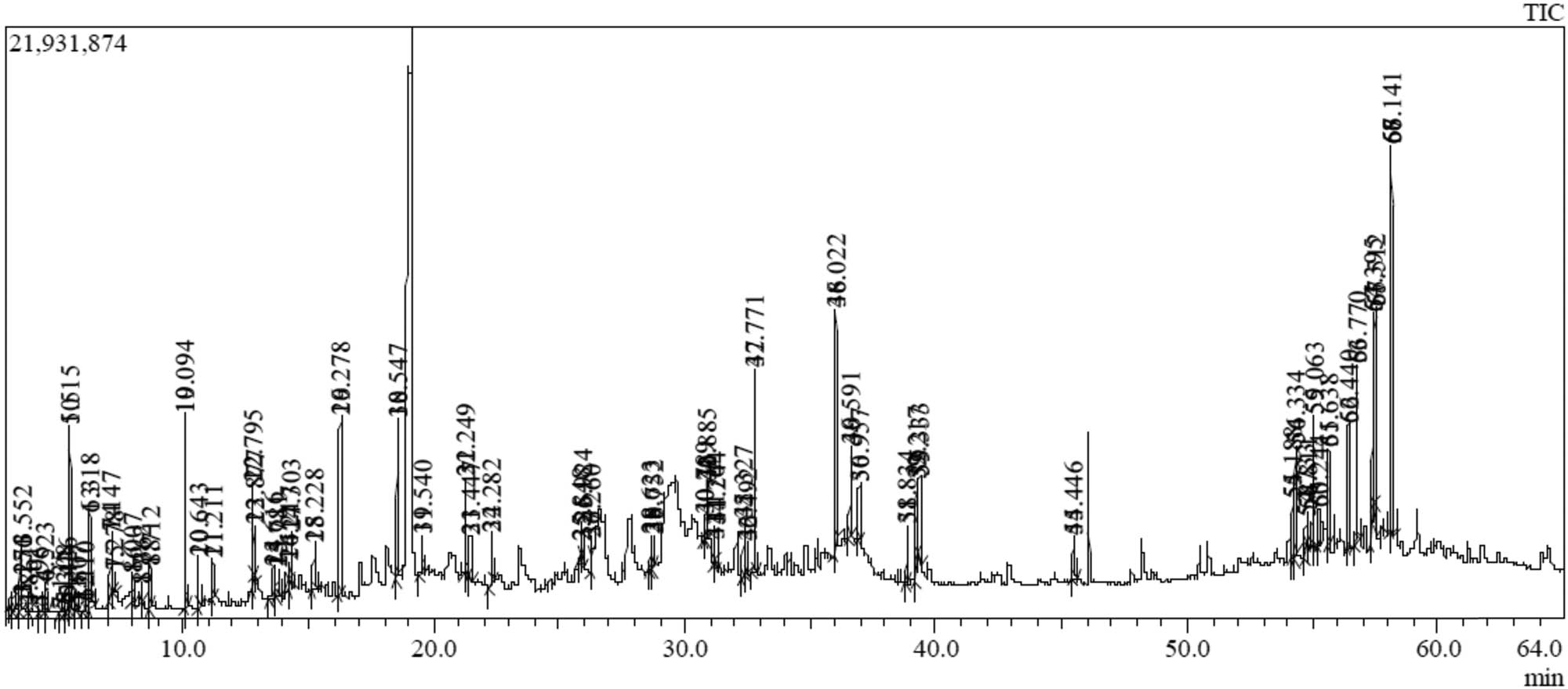 Figure 2
GC-MS chromatogram of the methanolic extract of E. inarticulata.