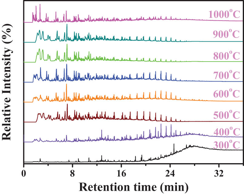 Figure 3
Total ion chromatograms of organic volatiles during single-step pyrolysis.
