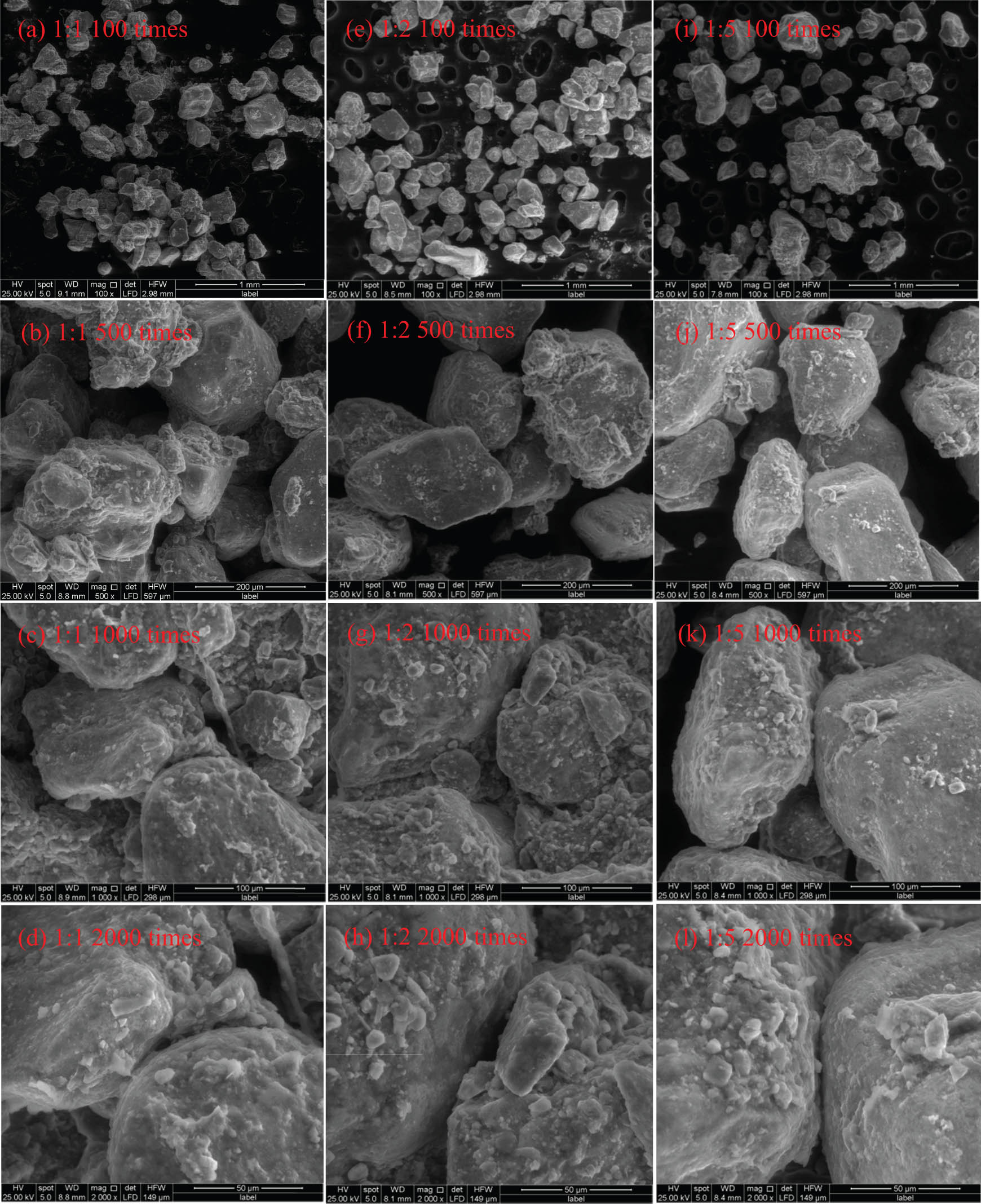 Figure 4
SEM images of compound soils with different proportions. (a)–(d), (e)–(h), and (i)–(l) are images of soft rock/sand at 1:1, 1:2, and 1:5, respectively; (a), (e), (i), (b), (f), (j), (c), (g), (k) and (d), (h), (l) are microscopic images at magnifications of 100, 500, 1,000 and 2,000×, respectively.