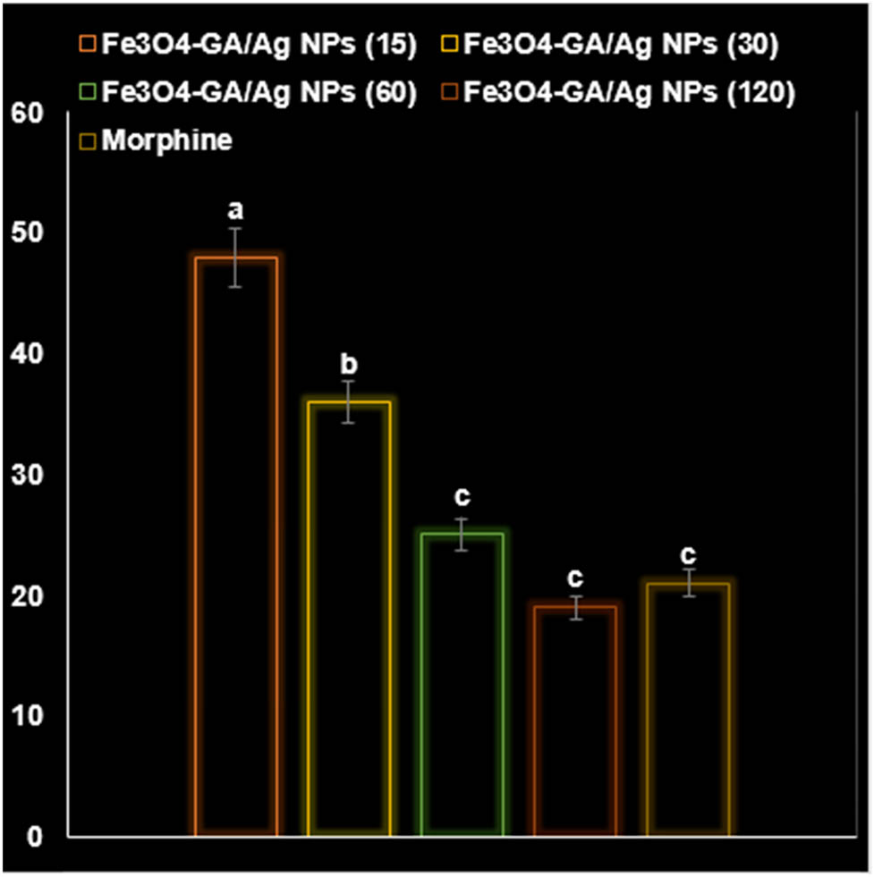 Figure 8
Effects of Fe3O4-GA/Ag NP nanocomposites on the mean of writhing syndrome (%) in mice.