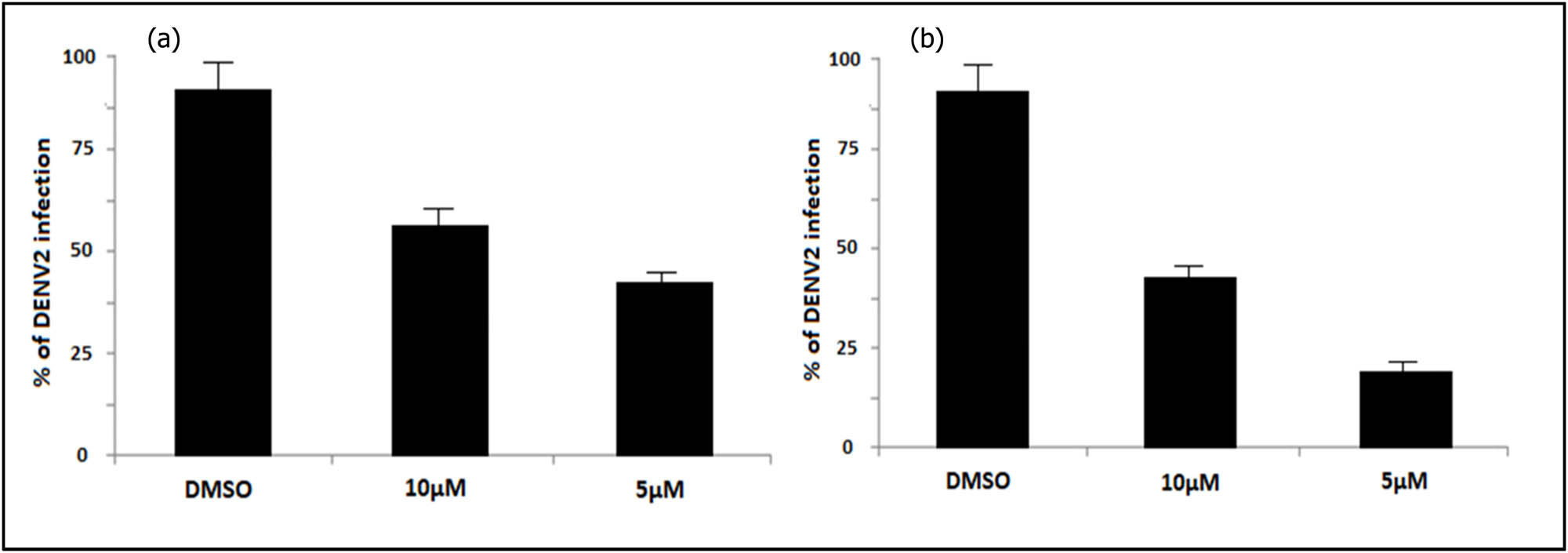 Figure 6
DENV2 strain inhibition by (a) compound 62 and (b) compound 64 at 10 and 5 µM. The 95% confidence intervals of geometric means were used for error bars.