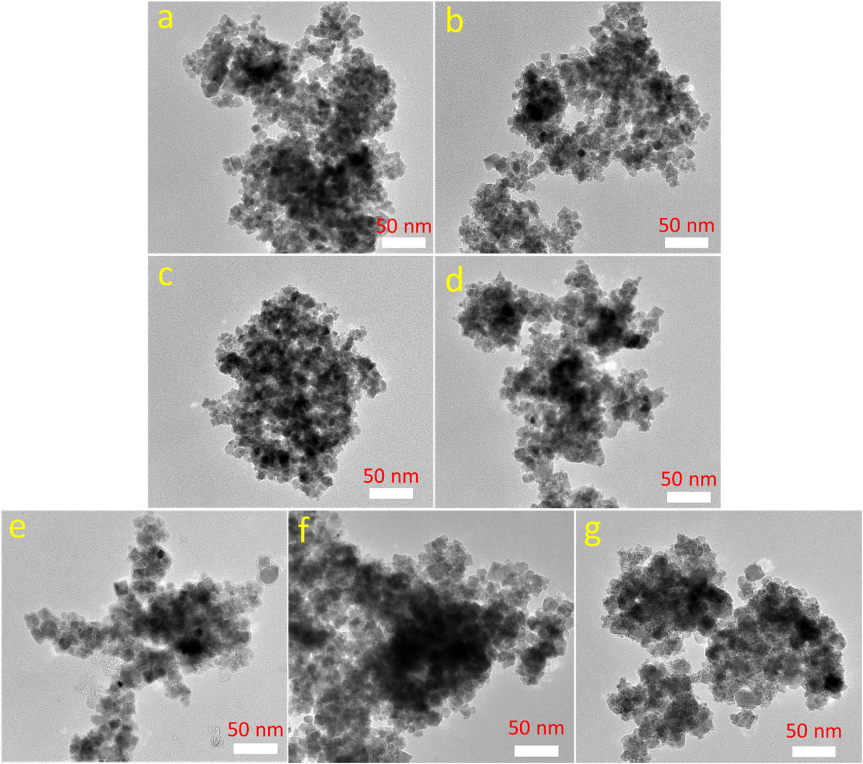 Figure 2 
                  TEM images of (a) F0, (b) FC1, (c) FC2, (d) FC3, (e) FC4, (f) FC5, and (g) C0.