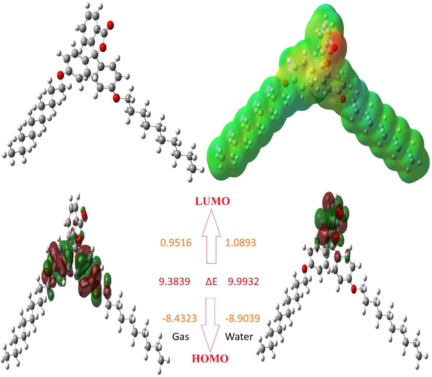 Figure 3 
                  Representations of the optimized structure, HOMO, LUMO, and ESP of molecule L-1.