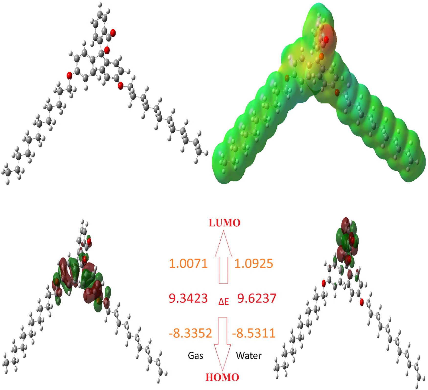 Figure 5 
                  Representations of the optimized structure, HOMO, LUMO, and ESP of molecule L-3.