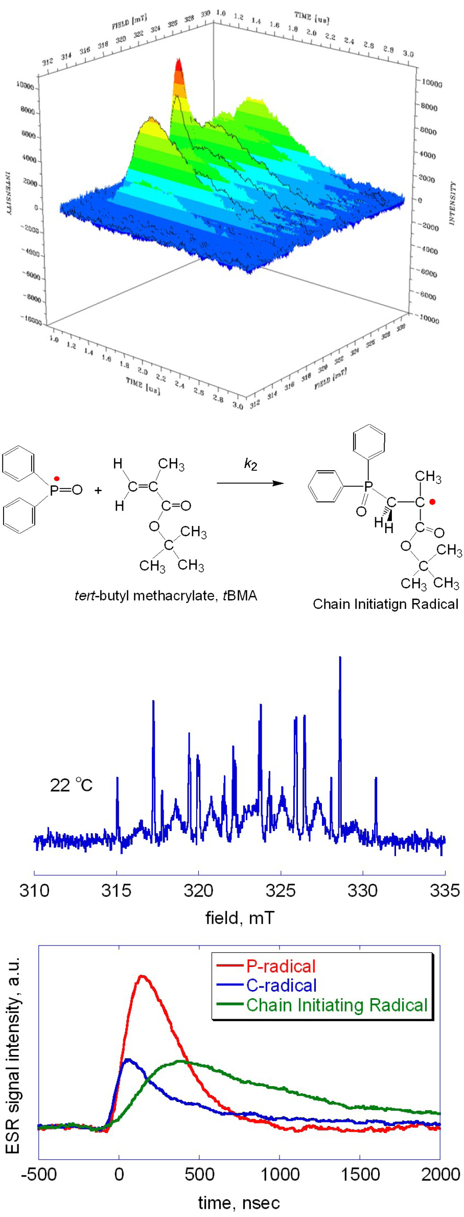 Fig. 1 A typical 3D image of the TR ESR spectrum of radical polymerizations of tert-butyl methacrylate.