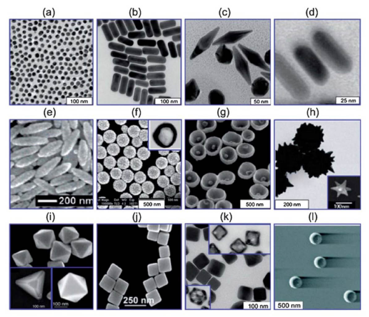 Figure 1. TEM images of various gold nanomaterials; (a) gold nanospheres, (b) gold nanorods, (c) gold bipyramids, (d) gold nanorods with silver shells, (e) nanorice, (f) SiO2/Au nanoshells (inset is a hollow nanoshell), (g) nanobowl, (h) spikey SiO2/Au nanoshells (inset is a nanostar), (i) gold tetrahedral, octahedral and cubohedra, (j) gold nanocubes, (k) silver nanocubes (insets are gold nanocages) and (l) gold nanoscrescents. Reprinted with permission from: Jiang, et al., Appl Biochem Biotechnol. 2012 166(6):1533-51.