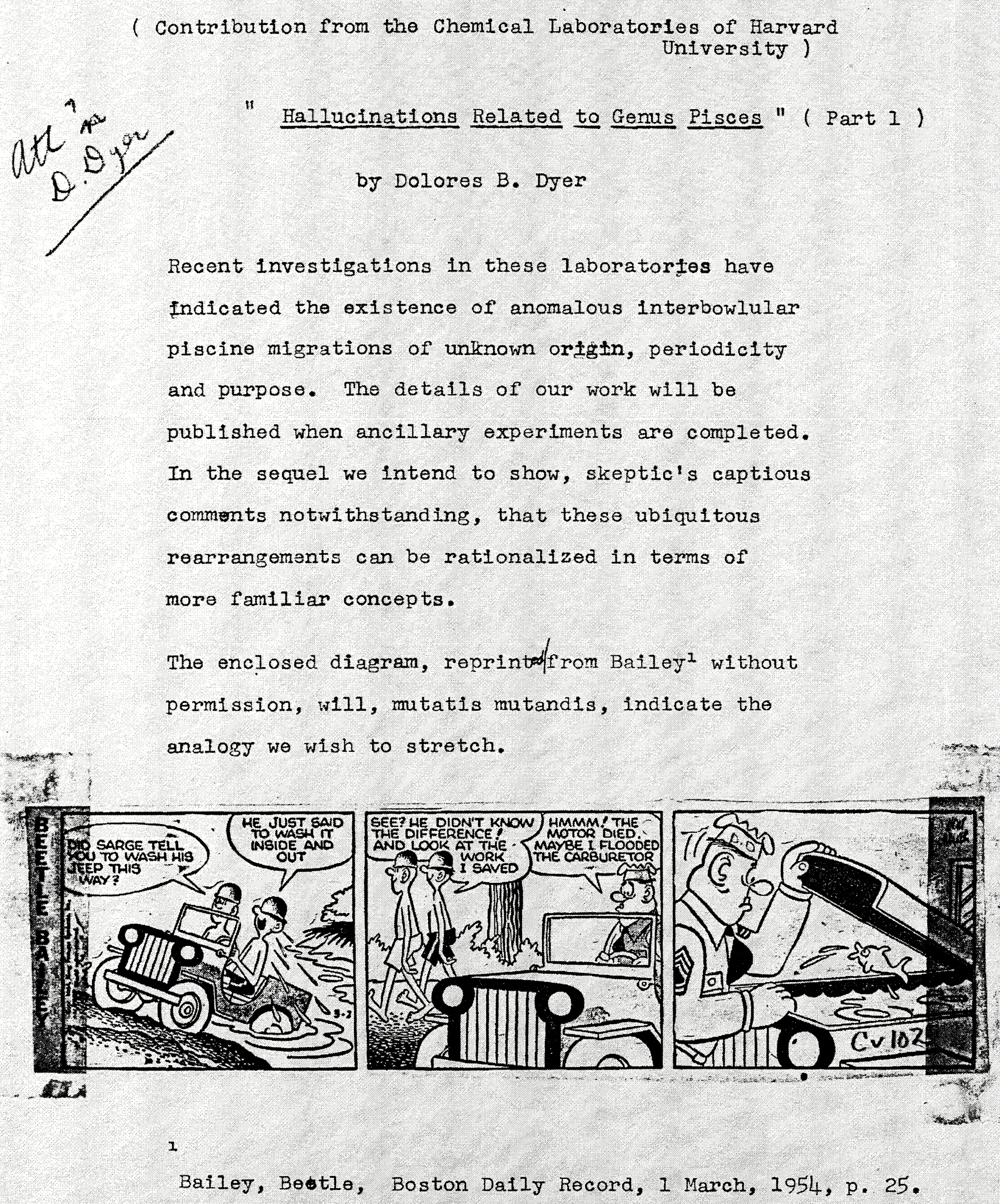  Figure 1. A mystery document found within the Woodward Archives at Harvard University. The cartoon, taped to the typewritten text, is Beetle Bailey: © 1954 King Features Syndicate, Inc. 