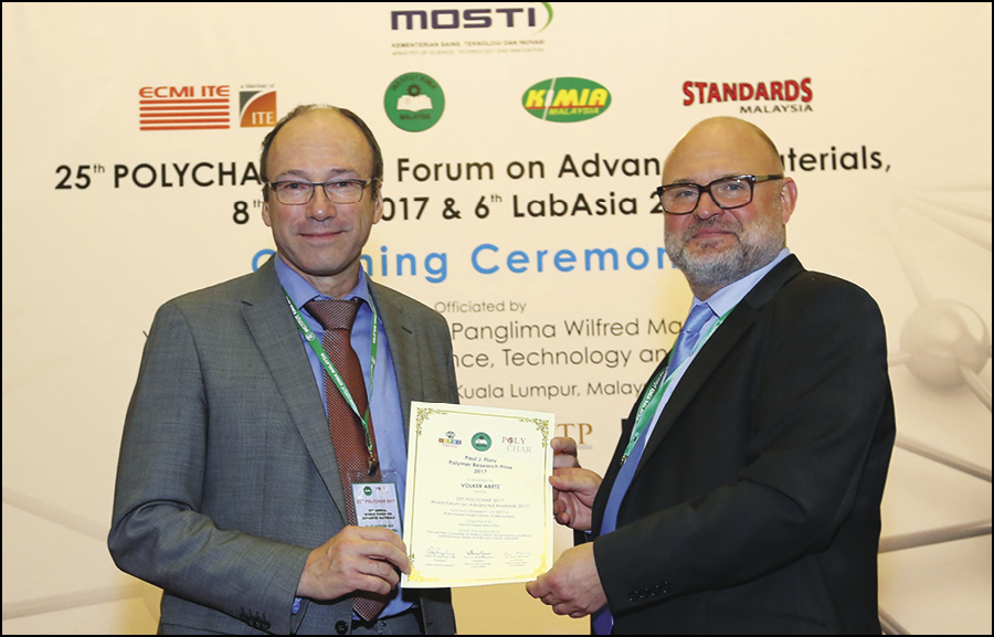 Paul J. Flory Research Prize 2017: Volker Abetz (left) and Sven Henning (right—Chairman of POLYCHAR Prize Committee)