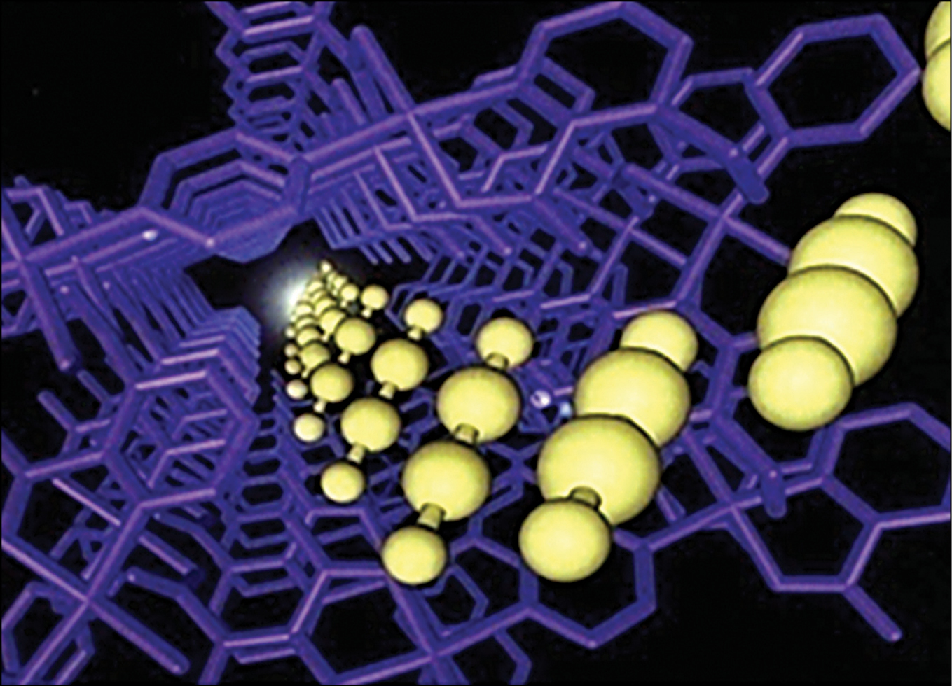  The functionalized surface of a metal–organic microporous material (purple) permit the stable storage of acetylene at a density 200 times the safe compression limit of free acetylene at room temperature. Acetylene is normally highly reactive and explodes when compressed at more than 2 atm at room temperature.Nature 436, 238–241 (14 July 2005); https://doi.org/10.1038/nature03852.See also ‘Chemistry Highlights 2005’, C&EN 19 Dec 2005, pp. 15-20; https://cen.acs.org/articles/83/i51/Chemistry-Highlights-2005.htmlCourtesy of Susumu Kitagawa