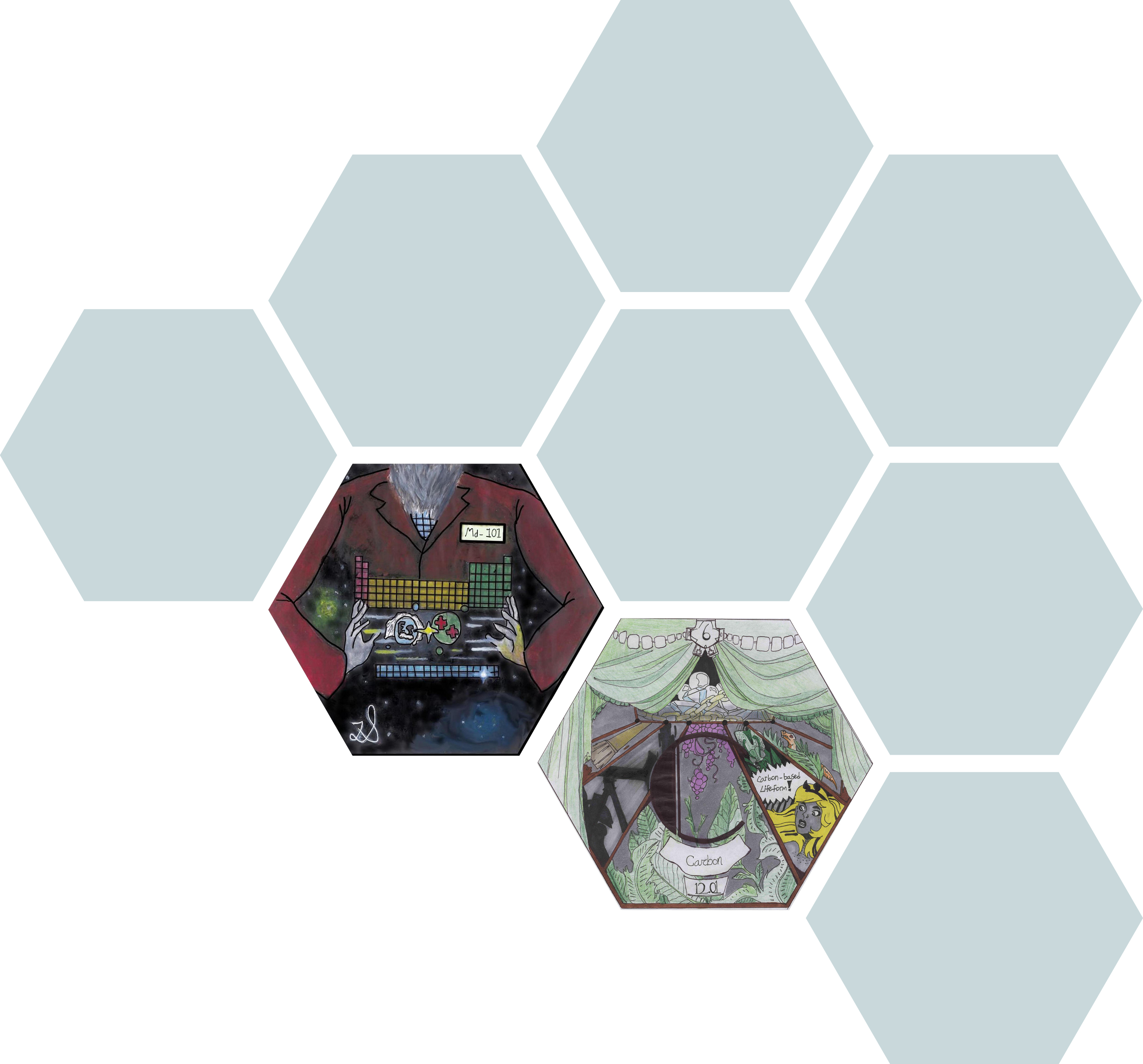  Md, mendelevium, 101—Westwood Community High School—Fort McMurray, Alberta, Canada—Teacher: Lori Simpson—Artist: Farah SadekC, ­carbon, 6—ATEMS (Academy of Technology, Engineering, Math, and Science) and ACT2 (Associated Chemistry Teachers of Texas)—Abilene, Texas, USA Teacher: Julee Isenhower—Artist: Layla Ingram-Alger