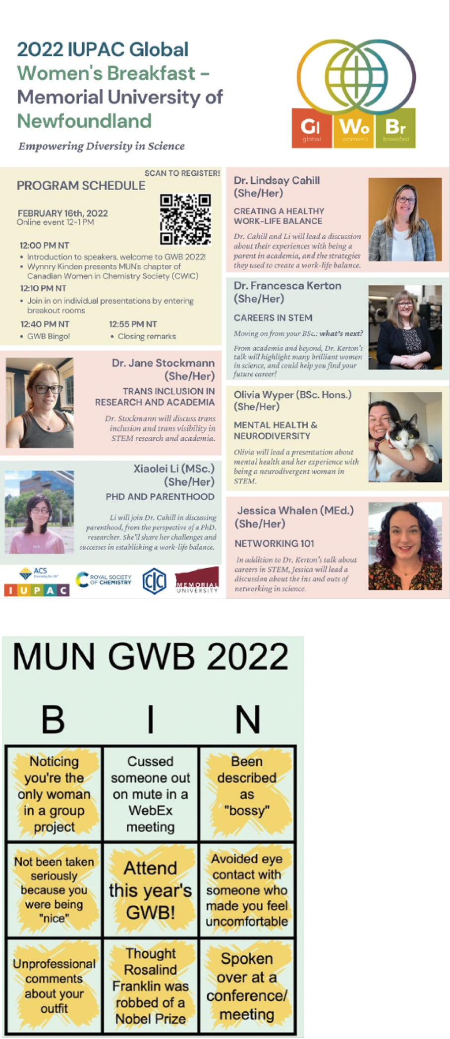  
          Figure 3. Memorial University GWB2022 poster to promote the virtual breakfast and a women in STEM bingo card
        